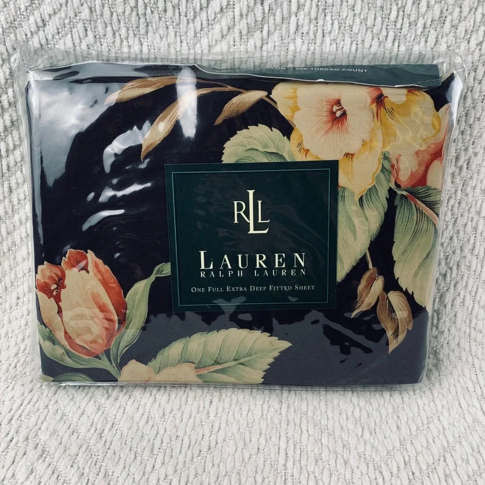 Ralph Lauren Fitted Sheet‎ Full Black Charleston Floral Deep 100% Cotton Vintage